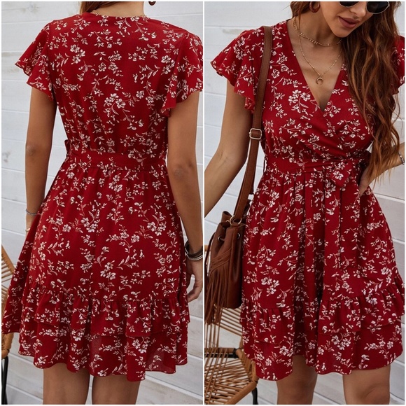 Boho Navy Blue Floral Lace Butterfly Sleeve Belted Mini Dress - Picture 7 of 13